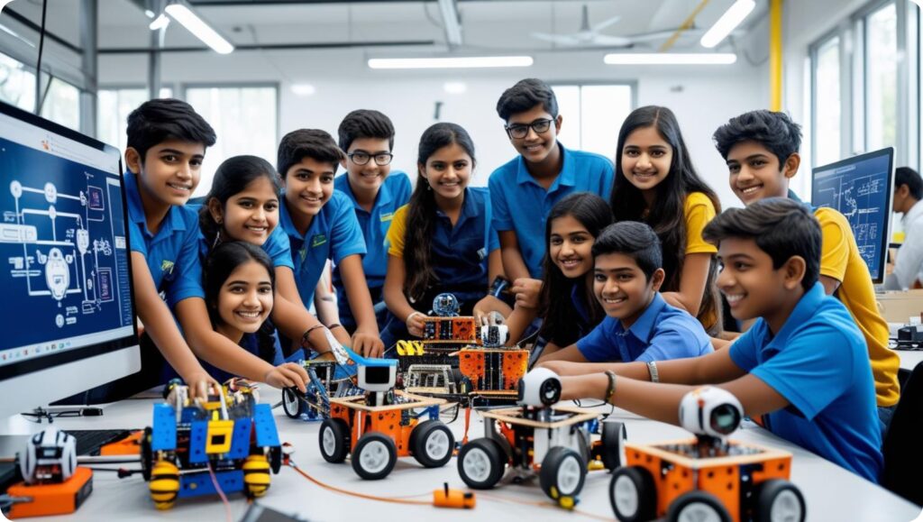 can you generate an image where the students practicing on robotics at young engineer robotics pvt ltd